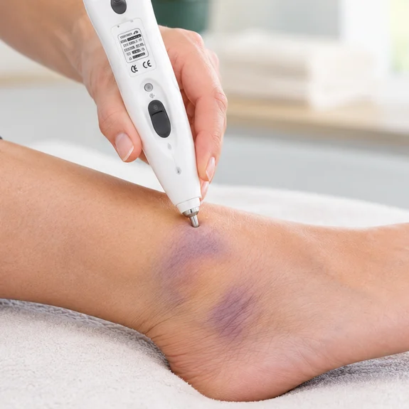 Dispositivo aplicado sobre un tobillo con un hematoma